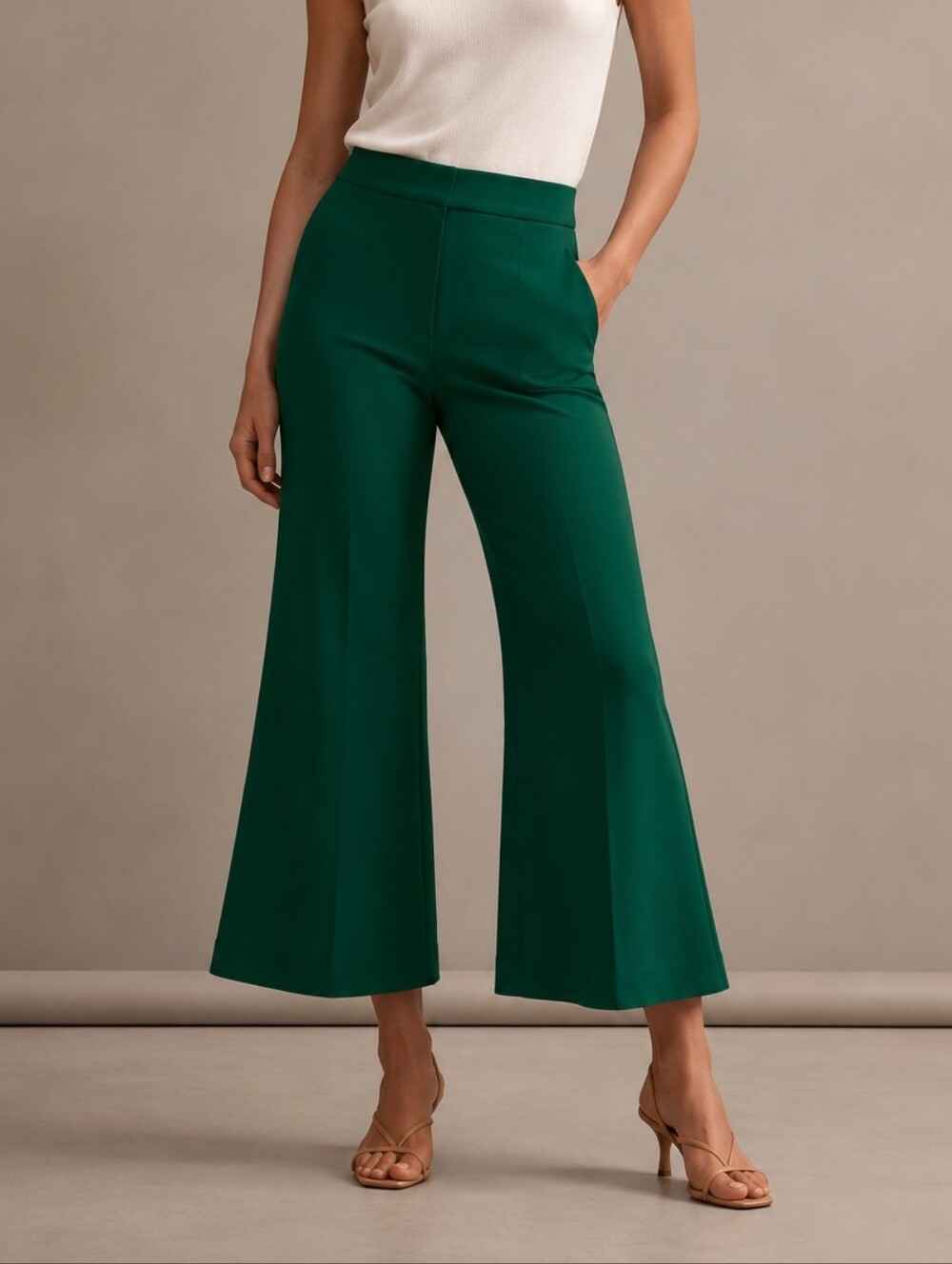 Rebecca Taylor Emerald Green Cropped Flare Pants Wool Quiet Luxury Minimalist